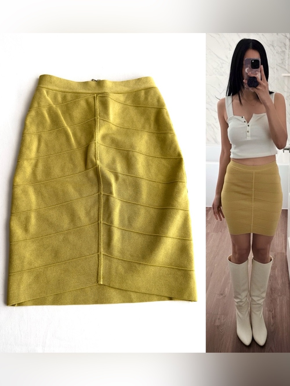 ✨BEBE Chevron Bandage Stretch Skirt Warm Olive Gold Size Small
